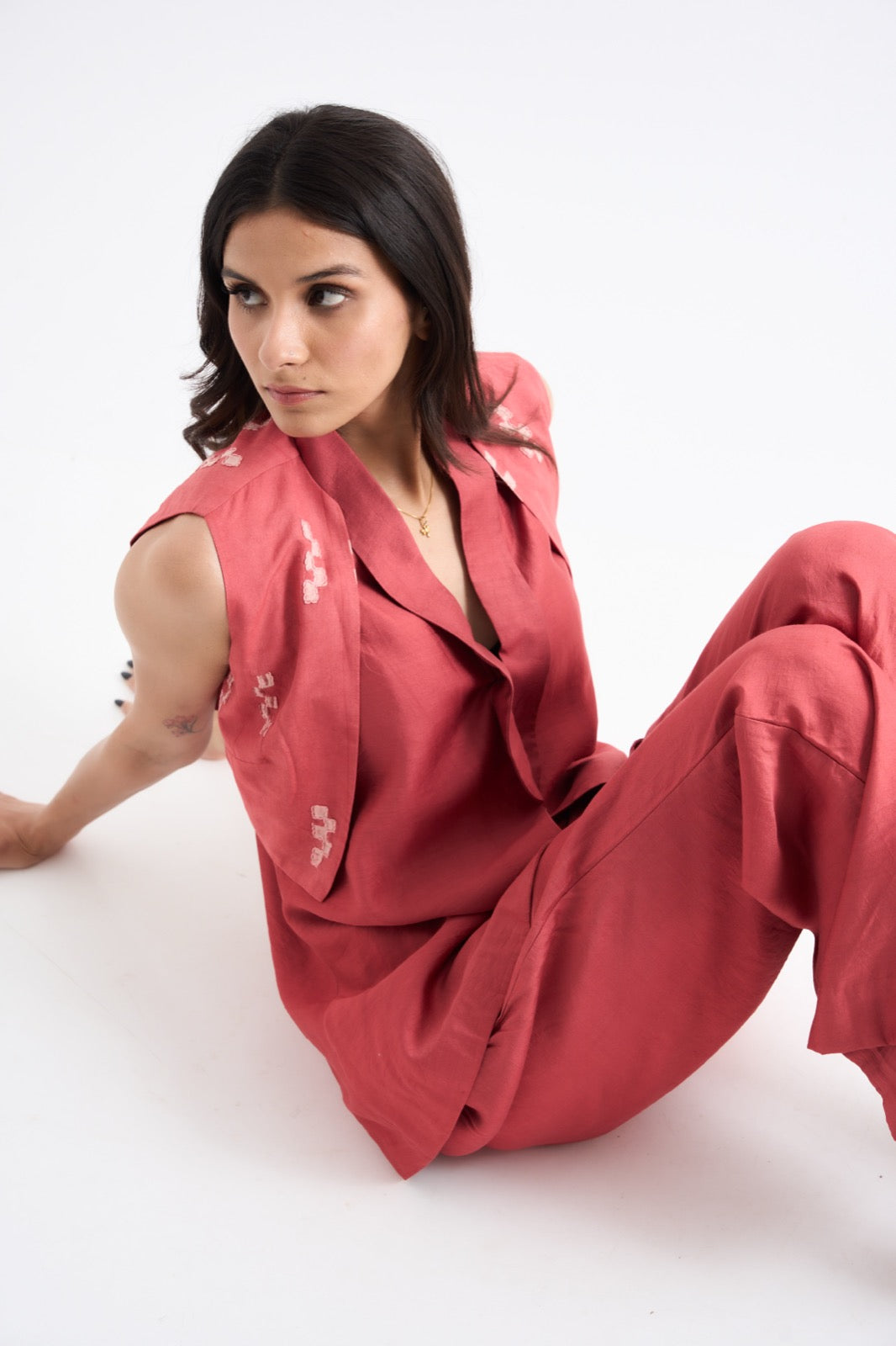 Coral Madder Thread Embroidered Coordset
