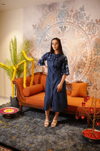 Indigo Embroidered Flower Denim Dress