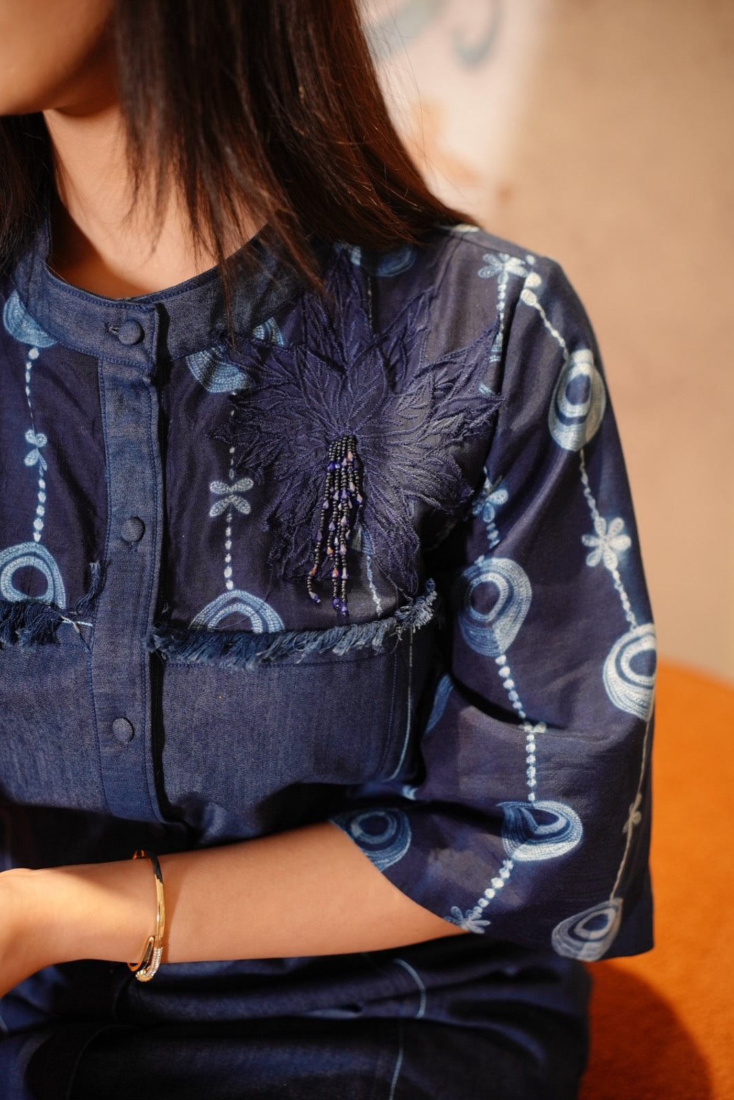 Indigo Embroidered Flower Denim Dress