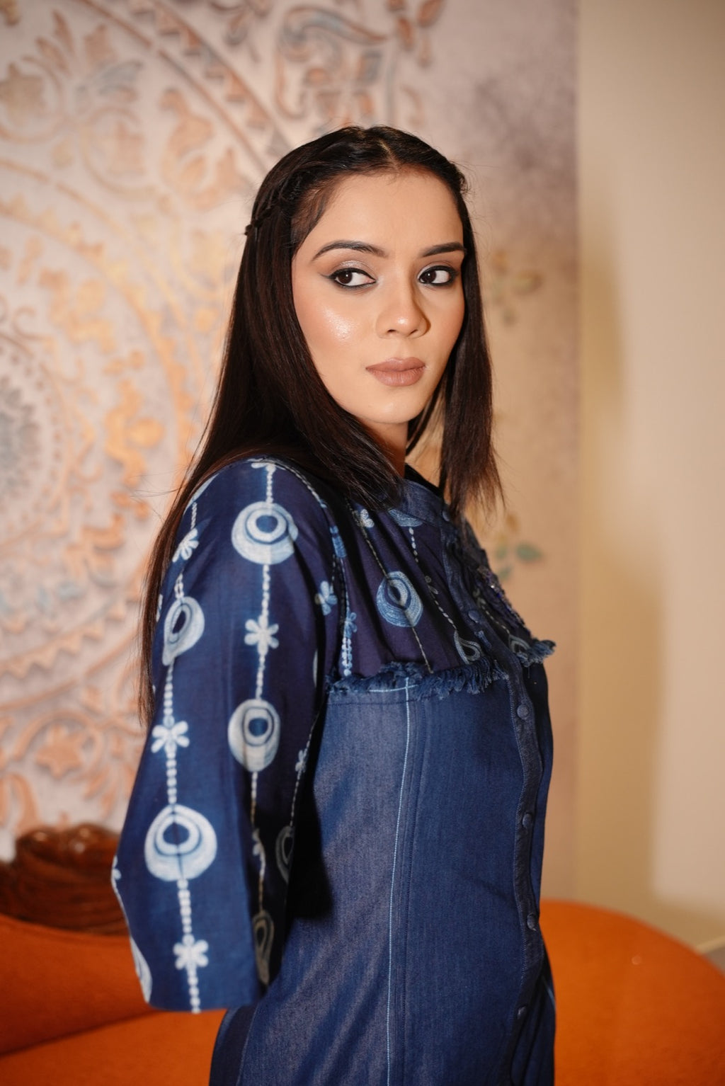 Indigo Embroidered Flower Denim Dress