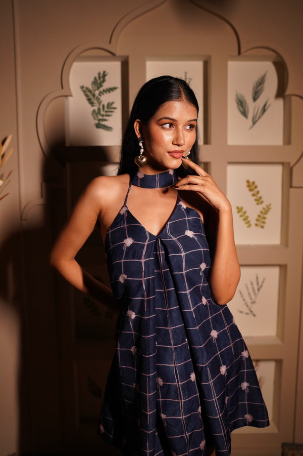 Indigo Floral Backless Pearl Strap Dress