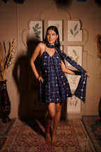 Indigo Floral Backless Pearl Strap Dress
