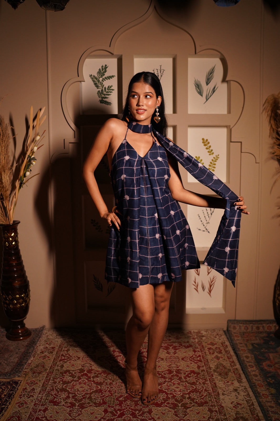 Indigo Floral Backless Pearl Strap Dress