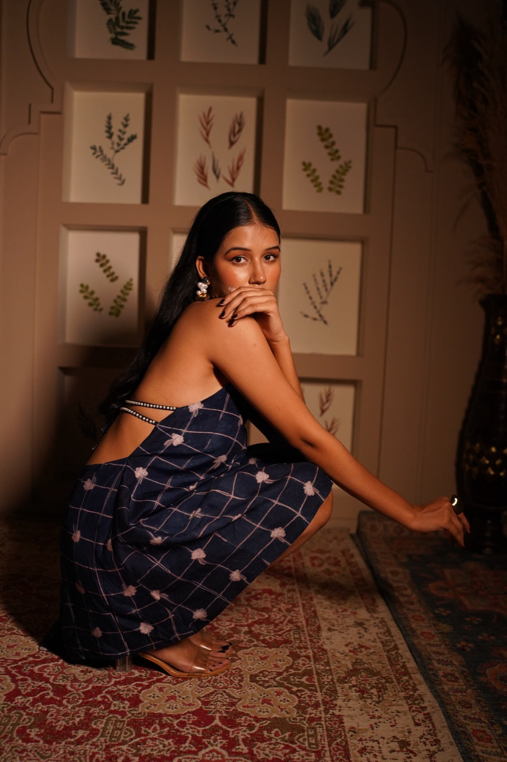Indigo Floral Backless Pearl Strap Dress