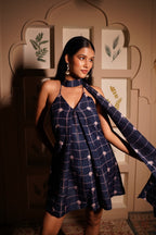 Indigo Floral Backless Pearl Strap Dress
