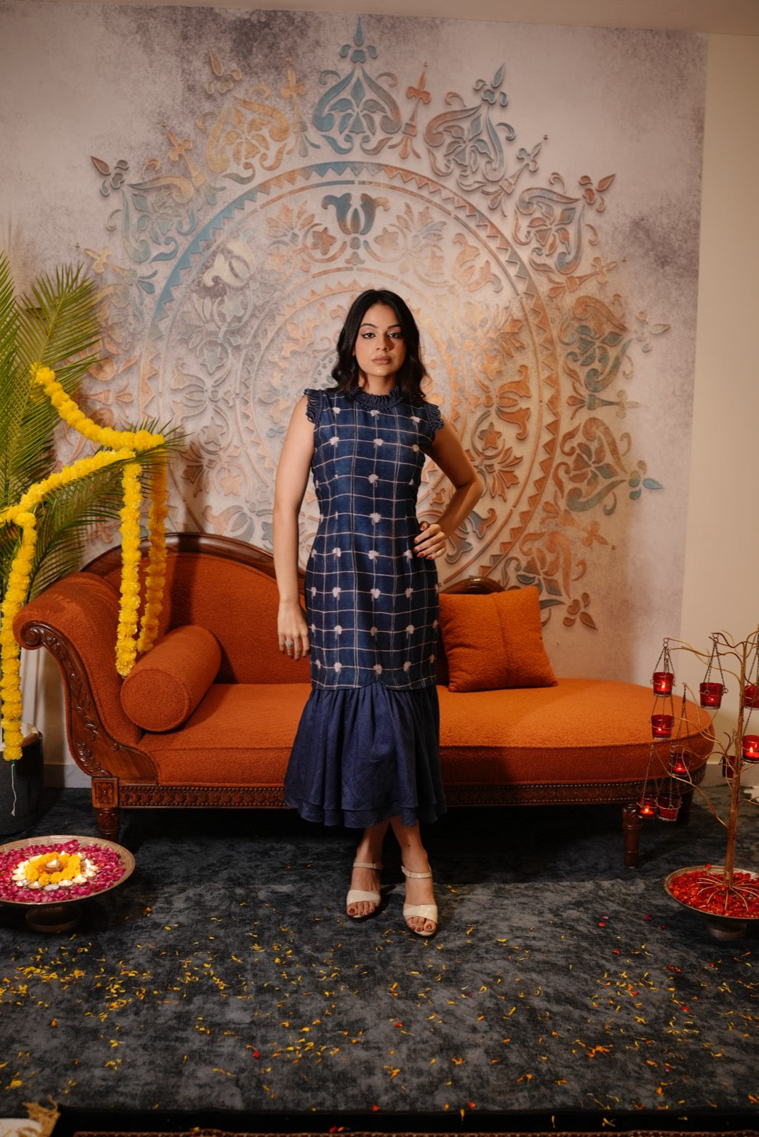 Indigo Floral Loop Collar Dress