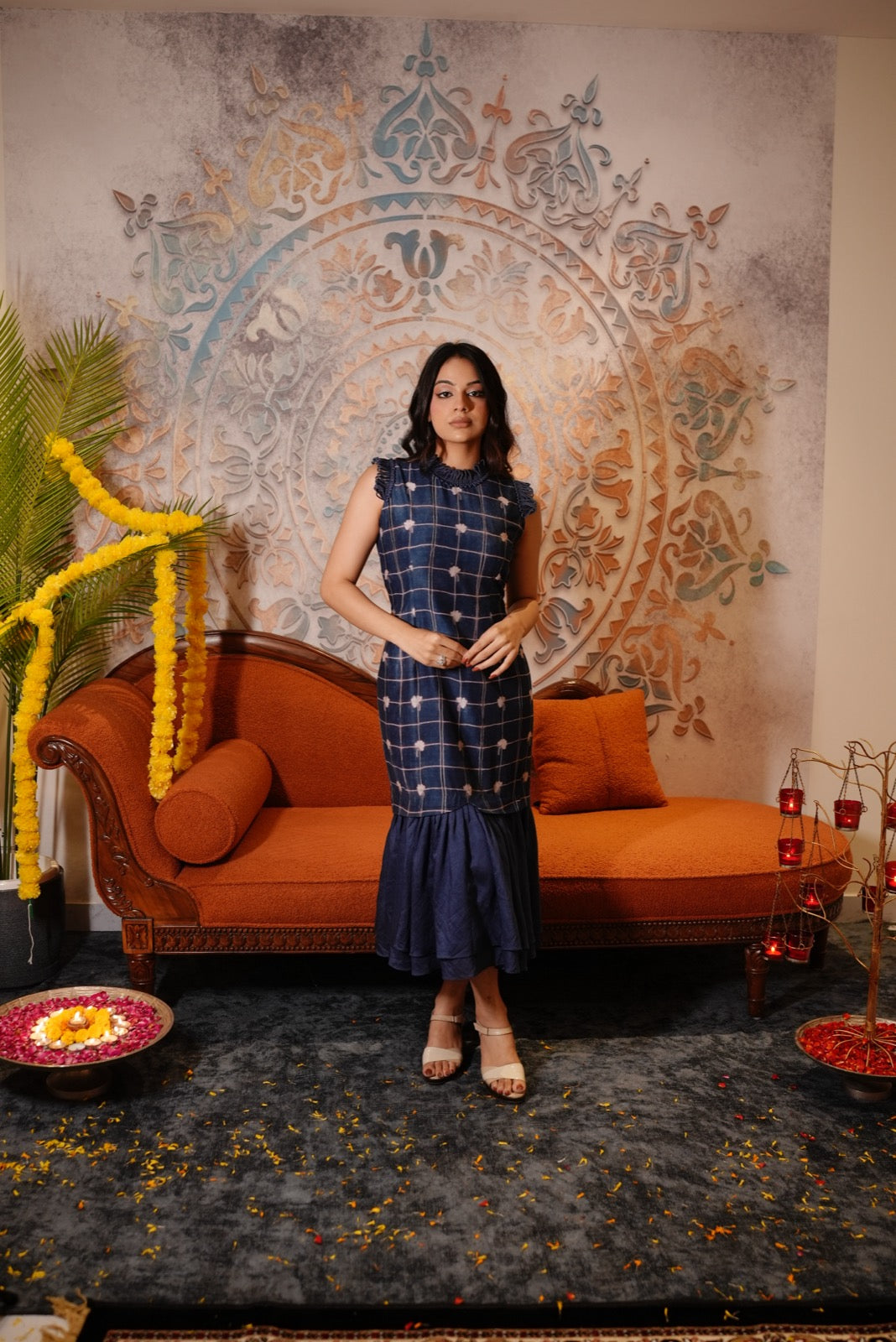 Indigo Floral Loop Collar Dress