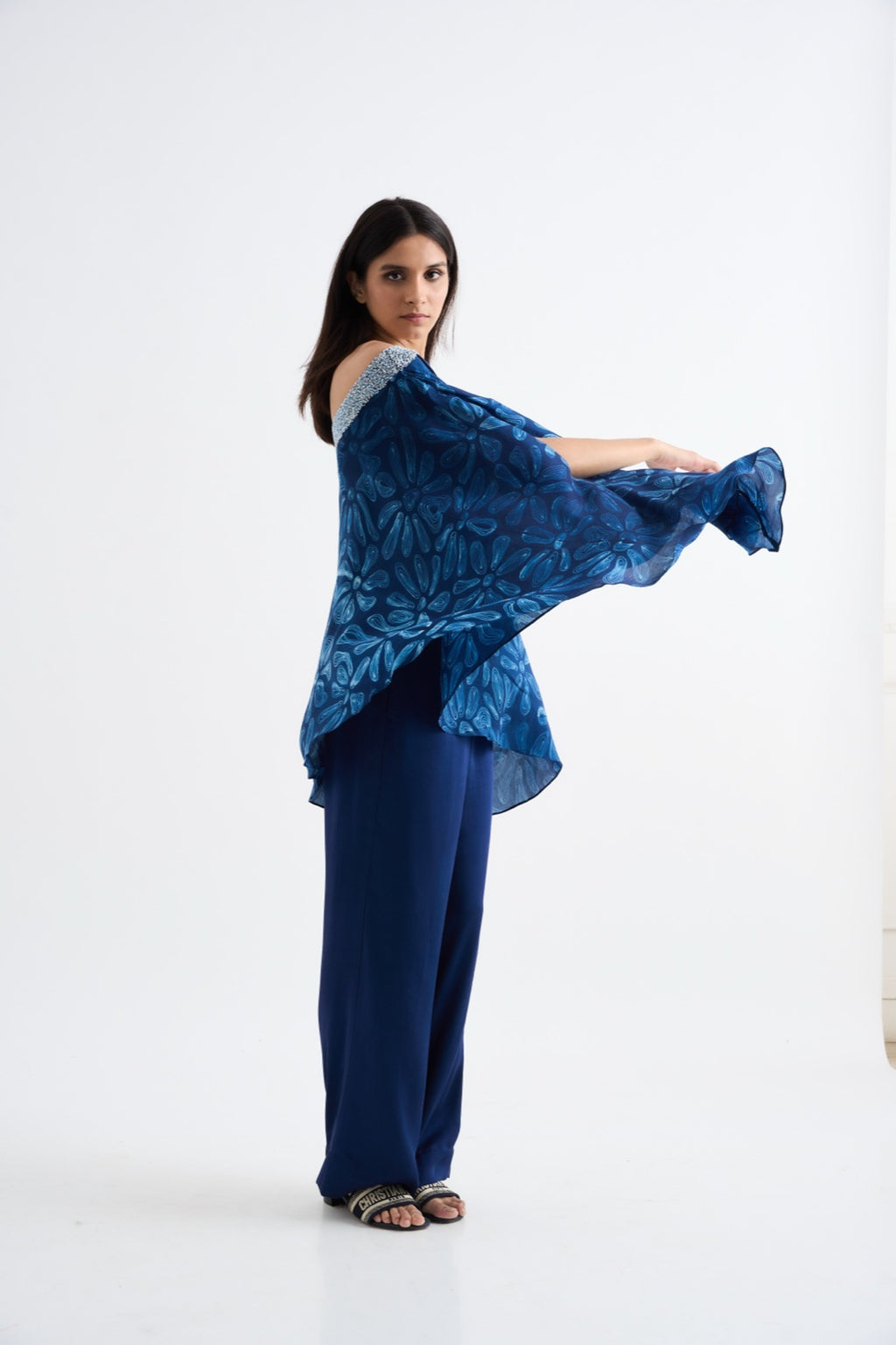 Indigo One Shoulder Embroidered Coordset