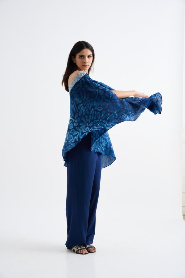 Indigo One Shoulder Embroidered Coordset