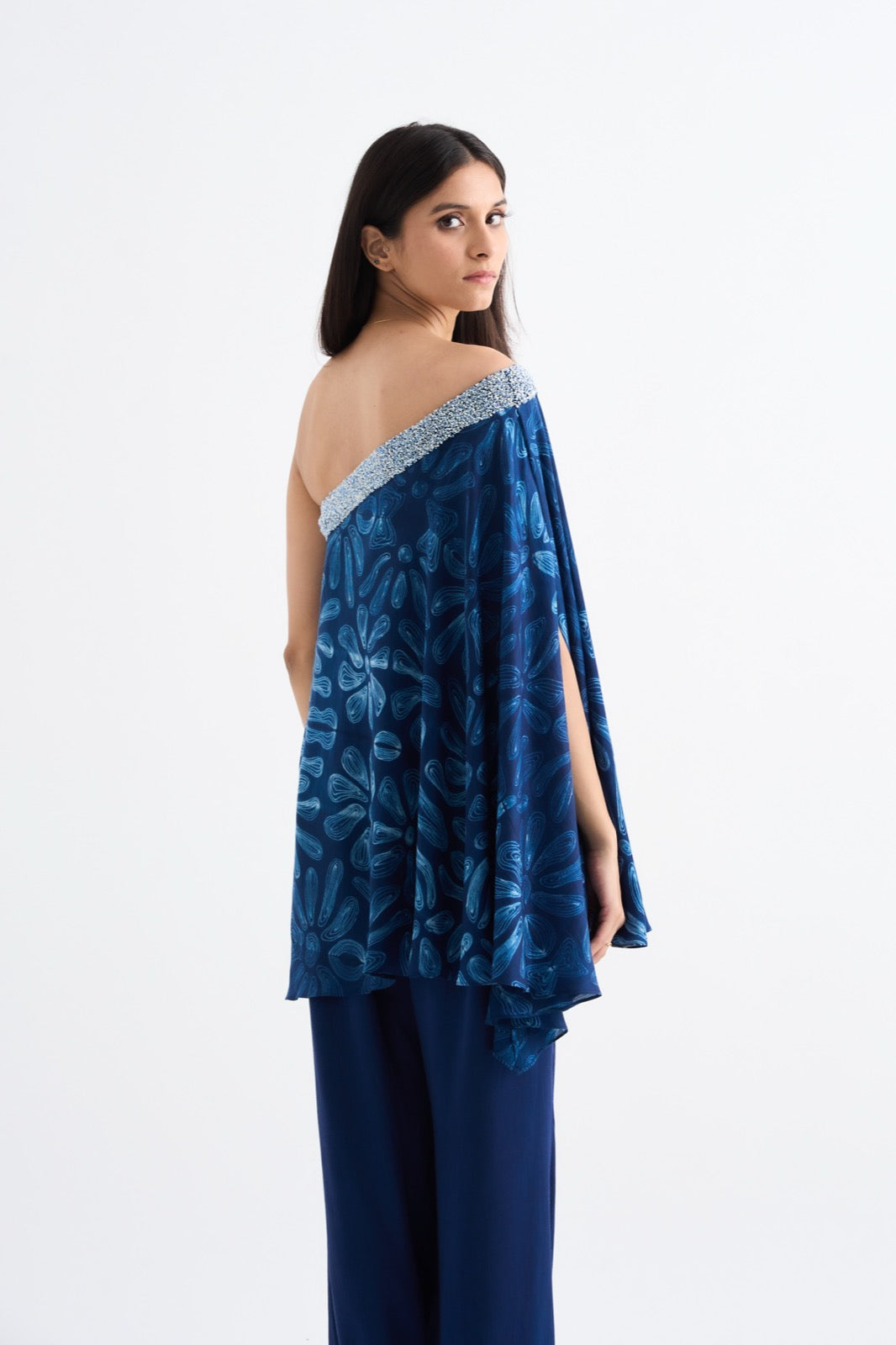 Indigo One Shoulder Embroidered Coordset