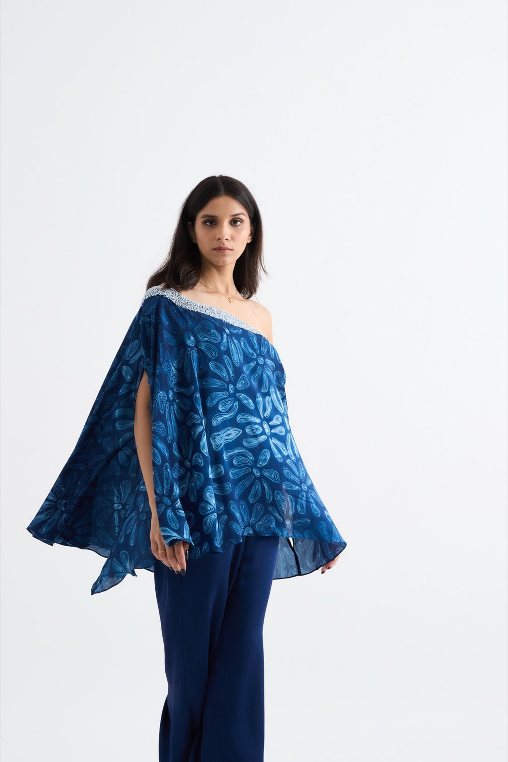 Indigo One Shoulder Embroidered Coordset