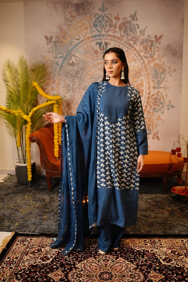 Indigo Star Embroidered Suit with Dupatta