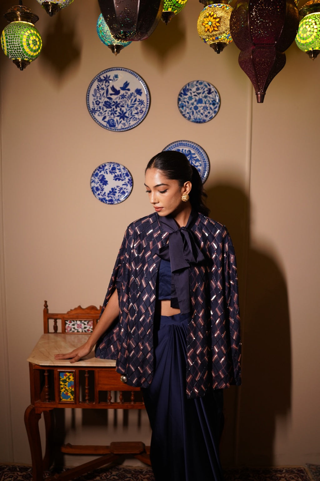 Indigo Zig Zag Embroidered Cape Coordset