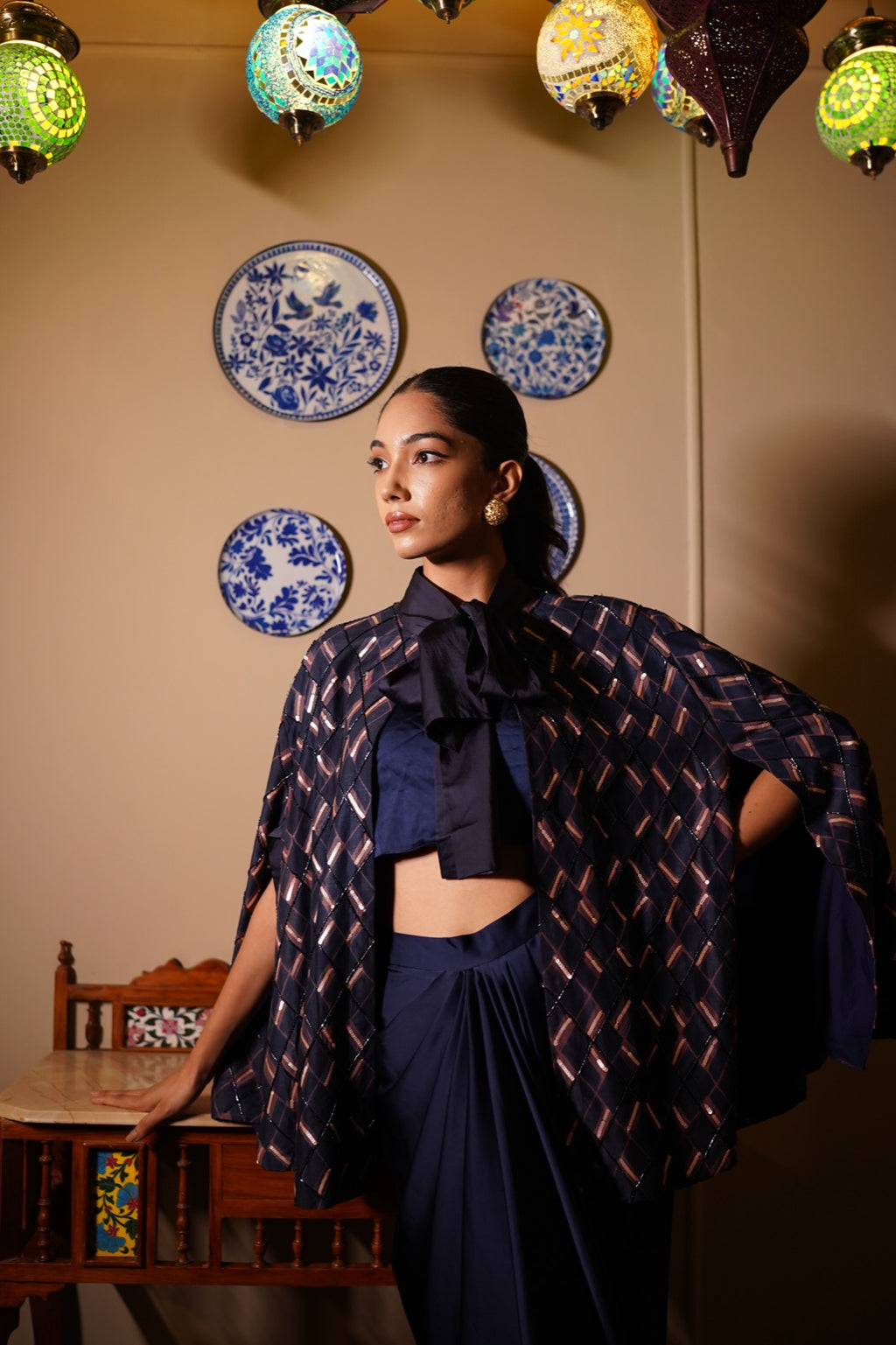 Indigo Zig Zag Embroidered Cape Coordset