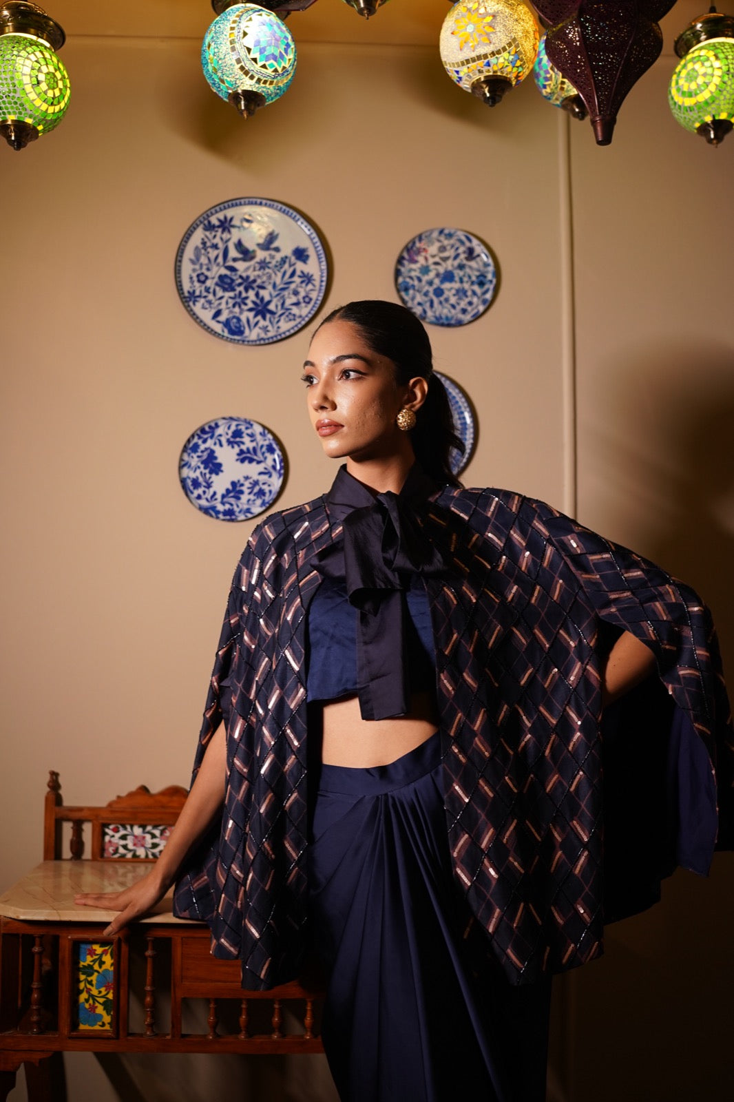 Indigo Zig Zag Embroidered Cape Coordset