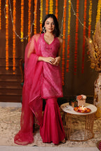 Magenta Pink Mirror Embroidery Suit with Dupatta
