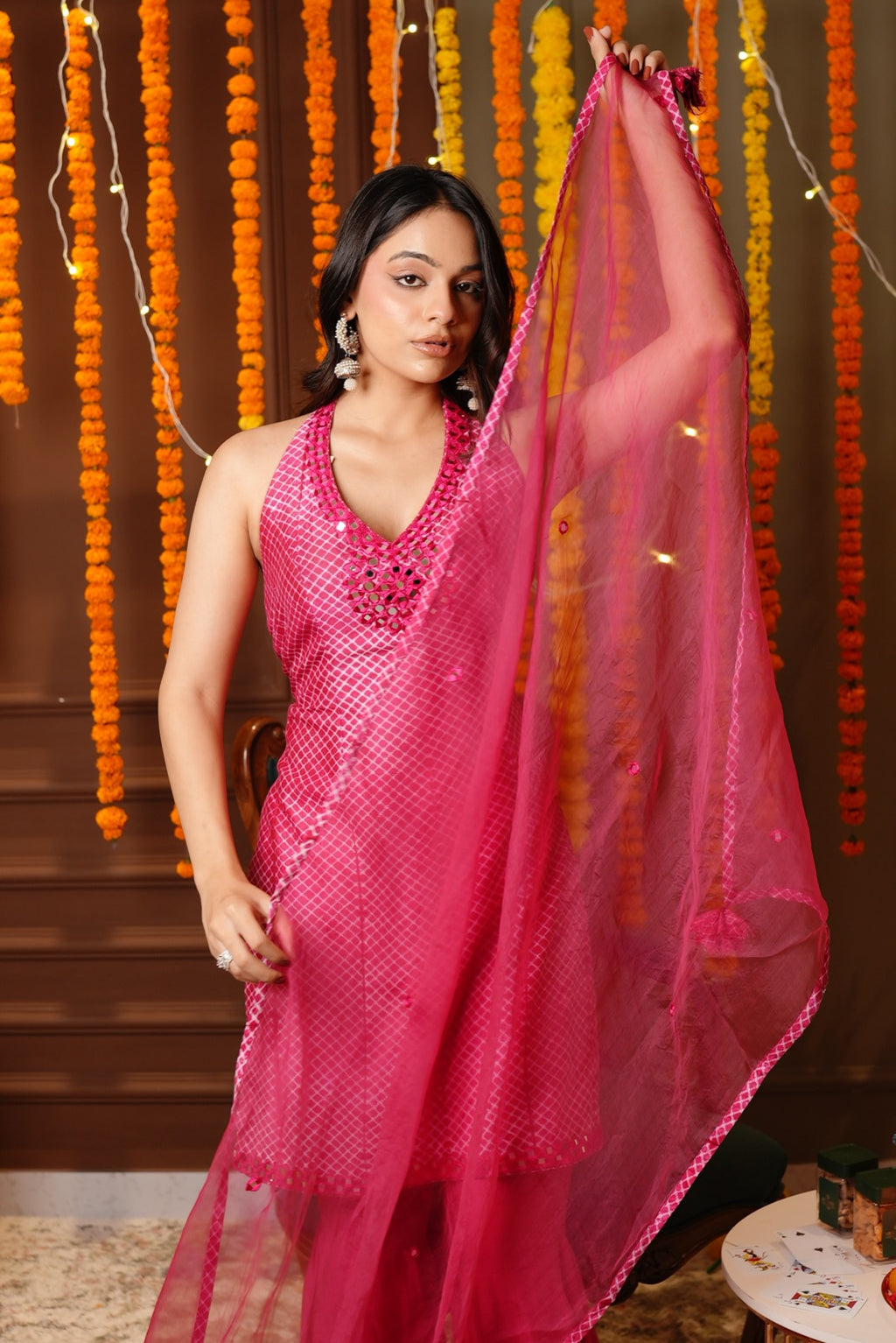 Magenta Pink Mirror Embroidery Suit with Dupatta
