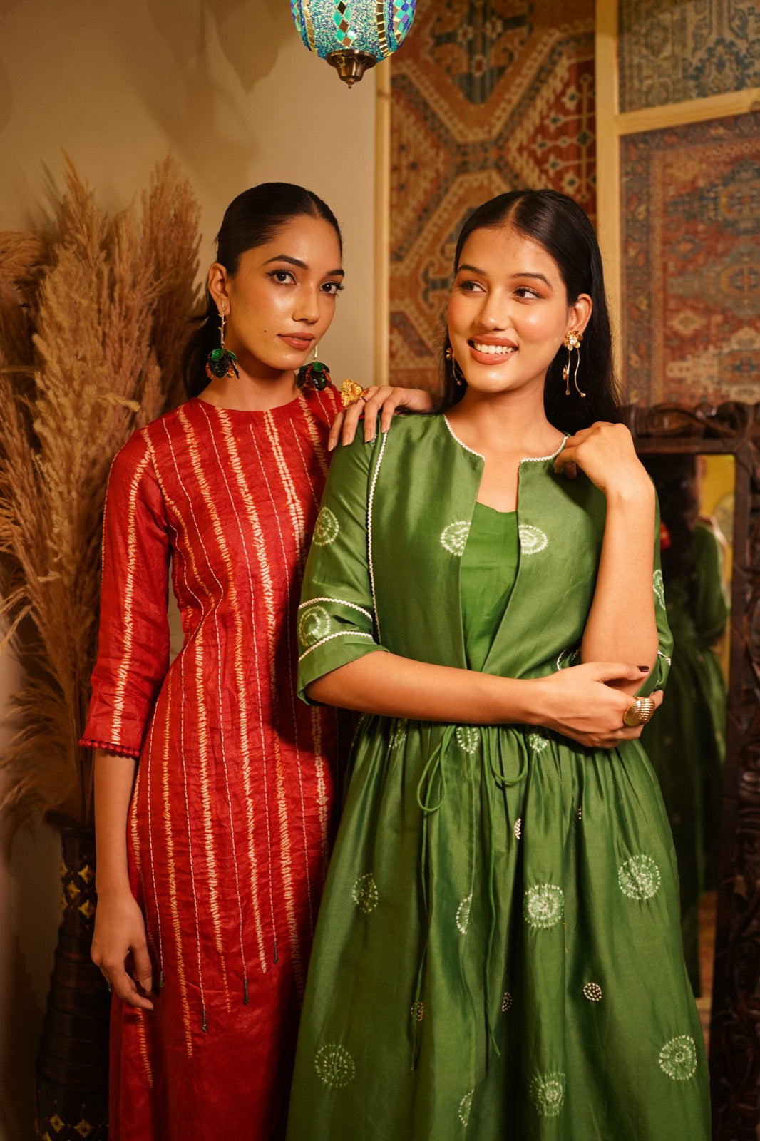 Orange Green Thread Pearl Embroidery Suit