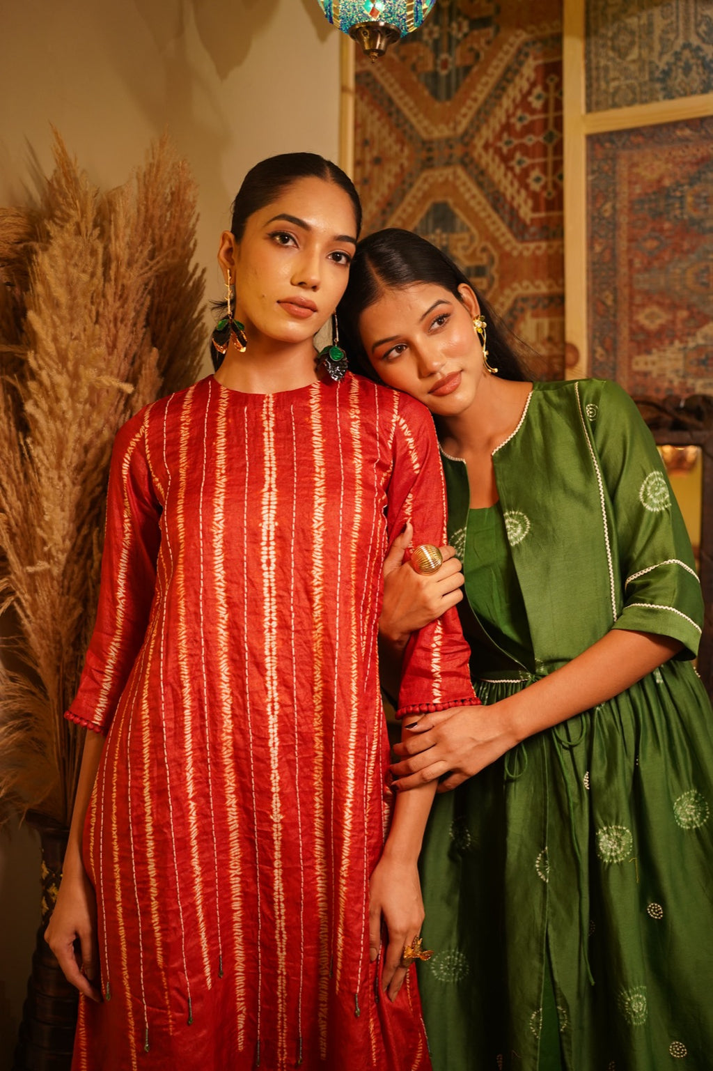 Orange Green Thread Pearl Embroidery Suit