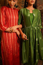 Orange Green Thread Pearl Embroidery Suit