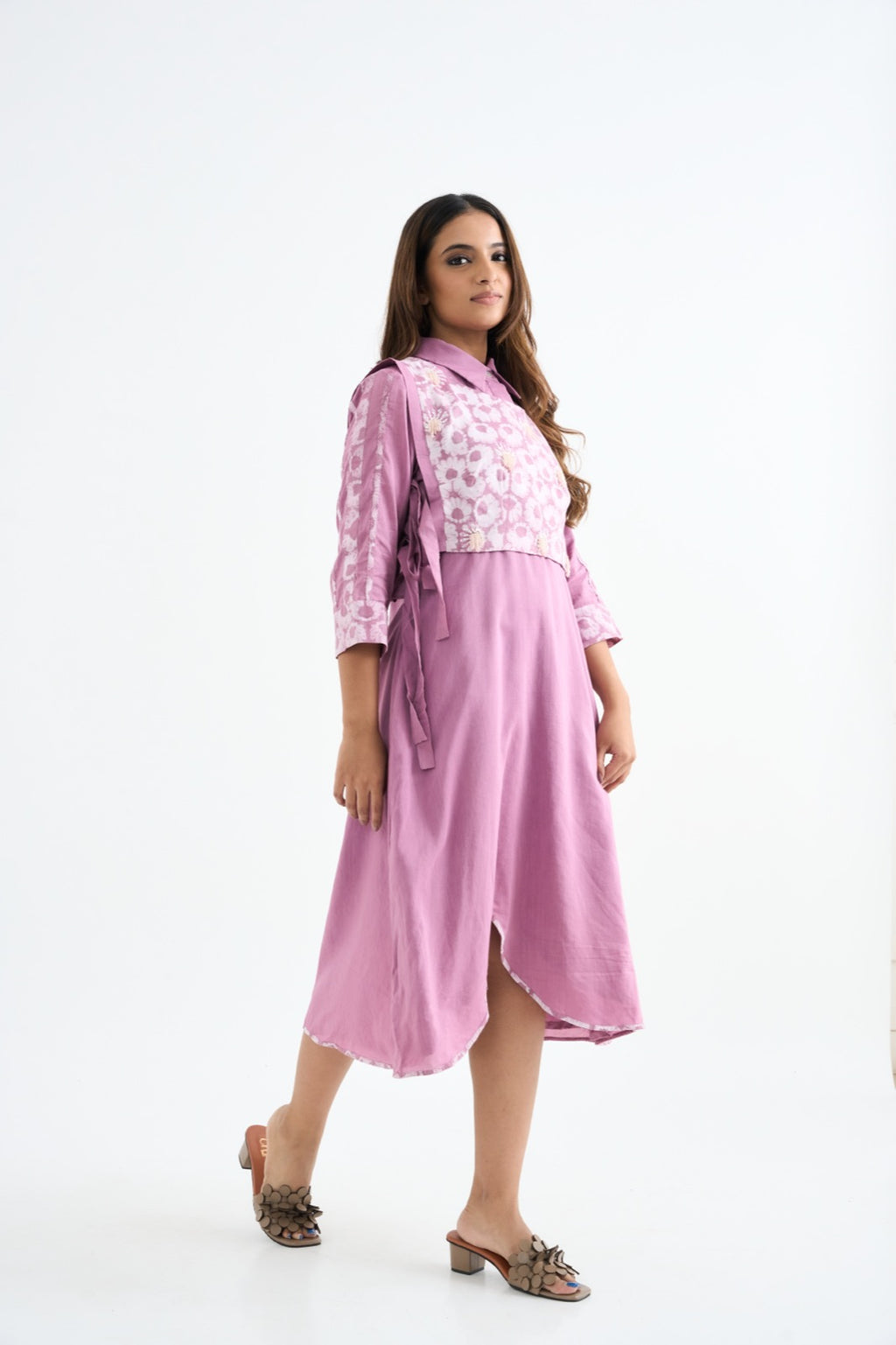 Pink Floral Embroidered Bib Shirt Dress