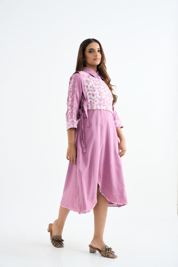 Pink Floral Embroidered Bib Shirt Dress