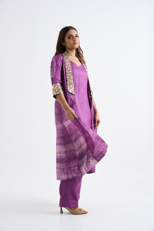 Purple Collar & Sleeves Embroidery Suit